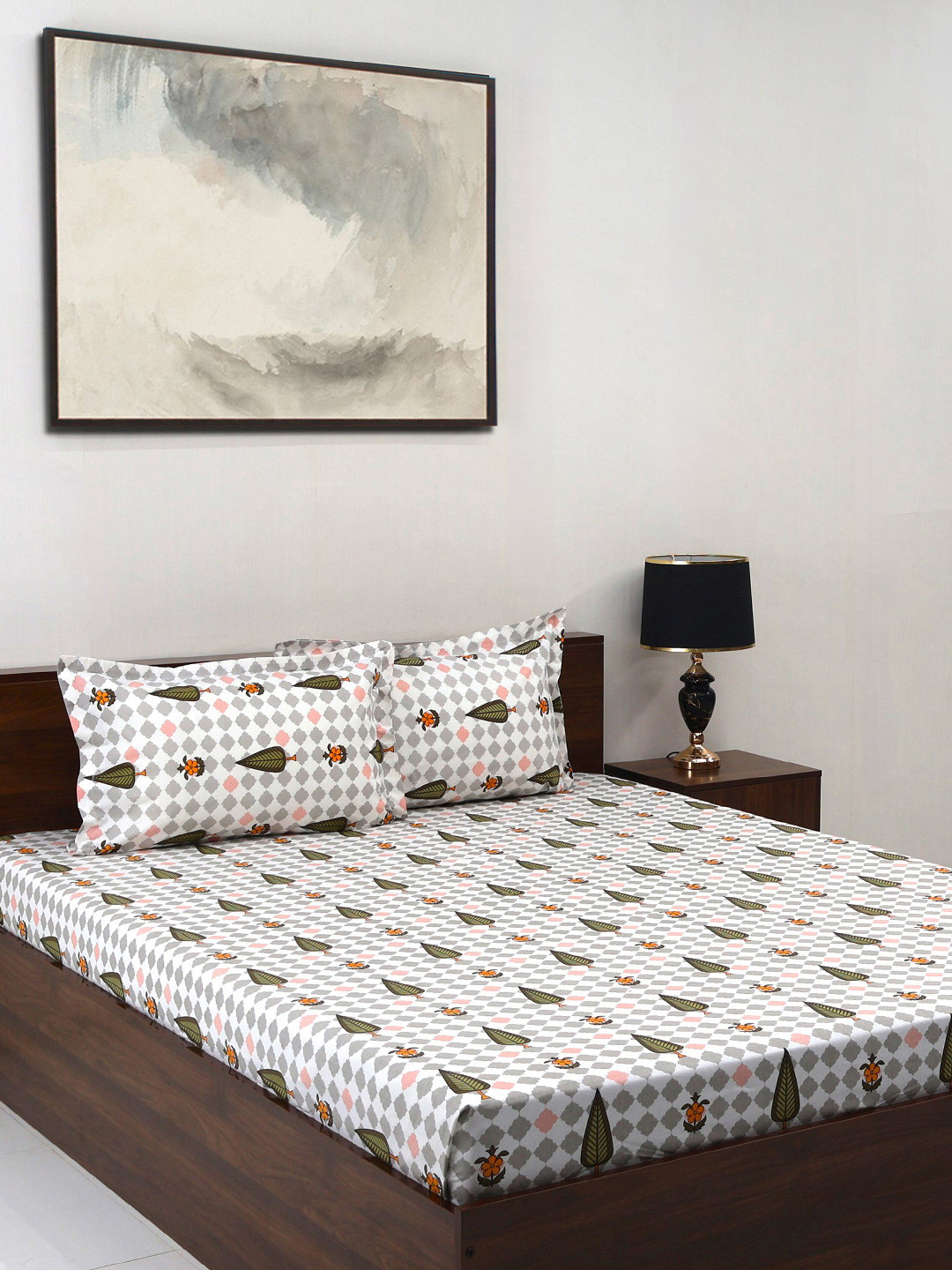BOMBAY DYEING Cardinal Green Leaf Cotton 120 TC Queen Bedsheet with 2 Pillow Covers-100 x 88 inches