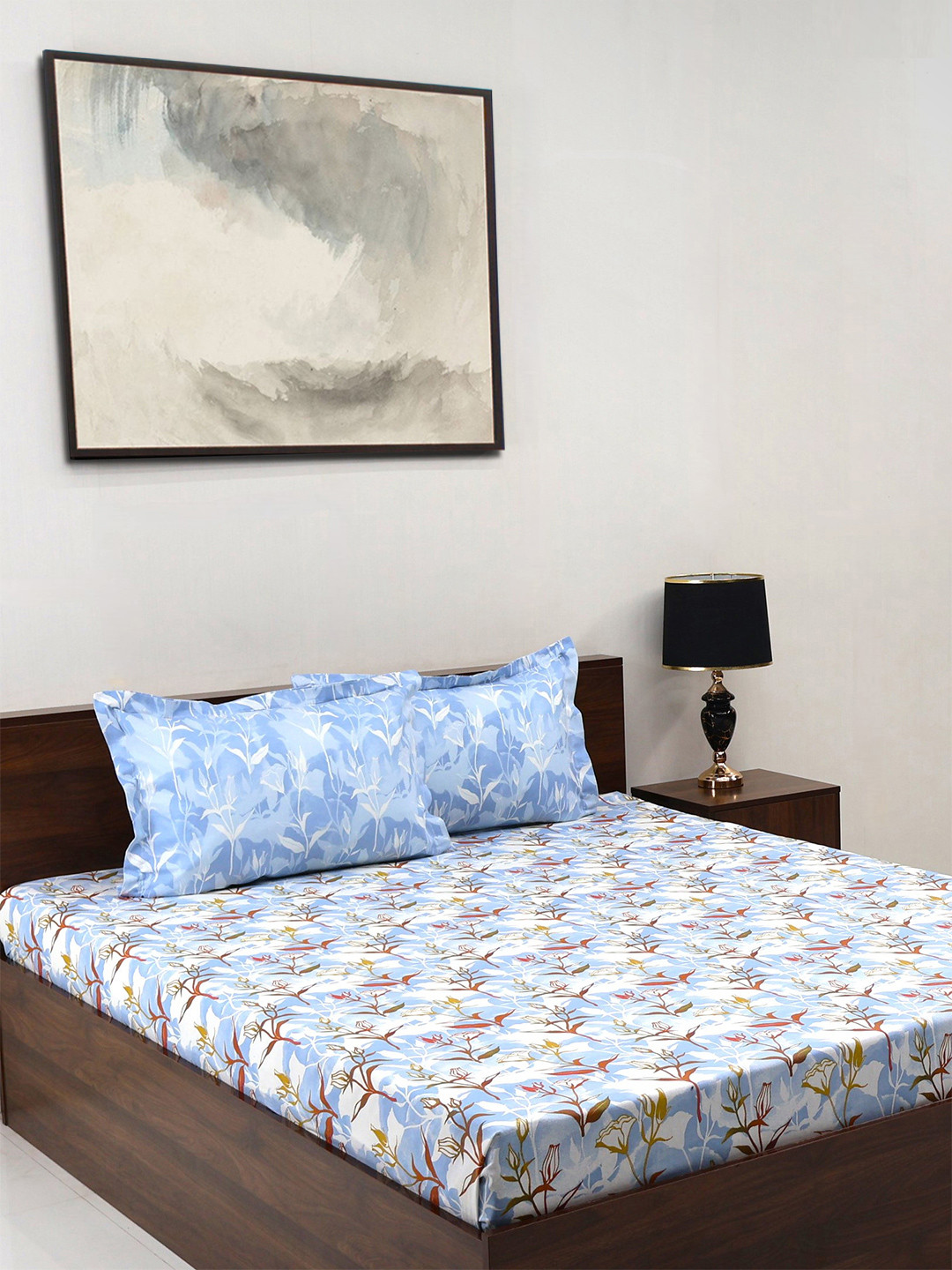 BOMBAY DYEING Blumen Blue Floral Pure Cotton 104 TC Queen Bedsheet with 2 Pillow Covers-88 x 100 inches