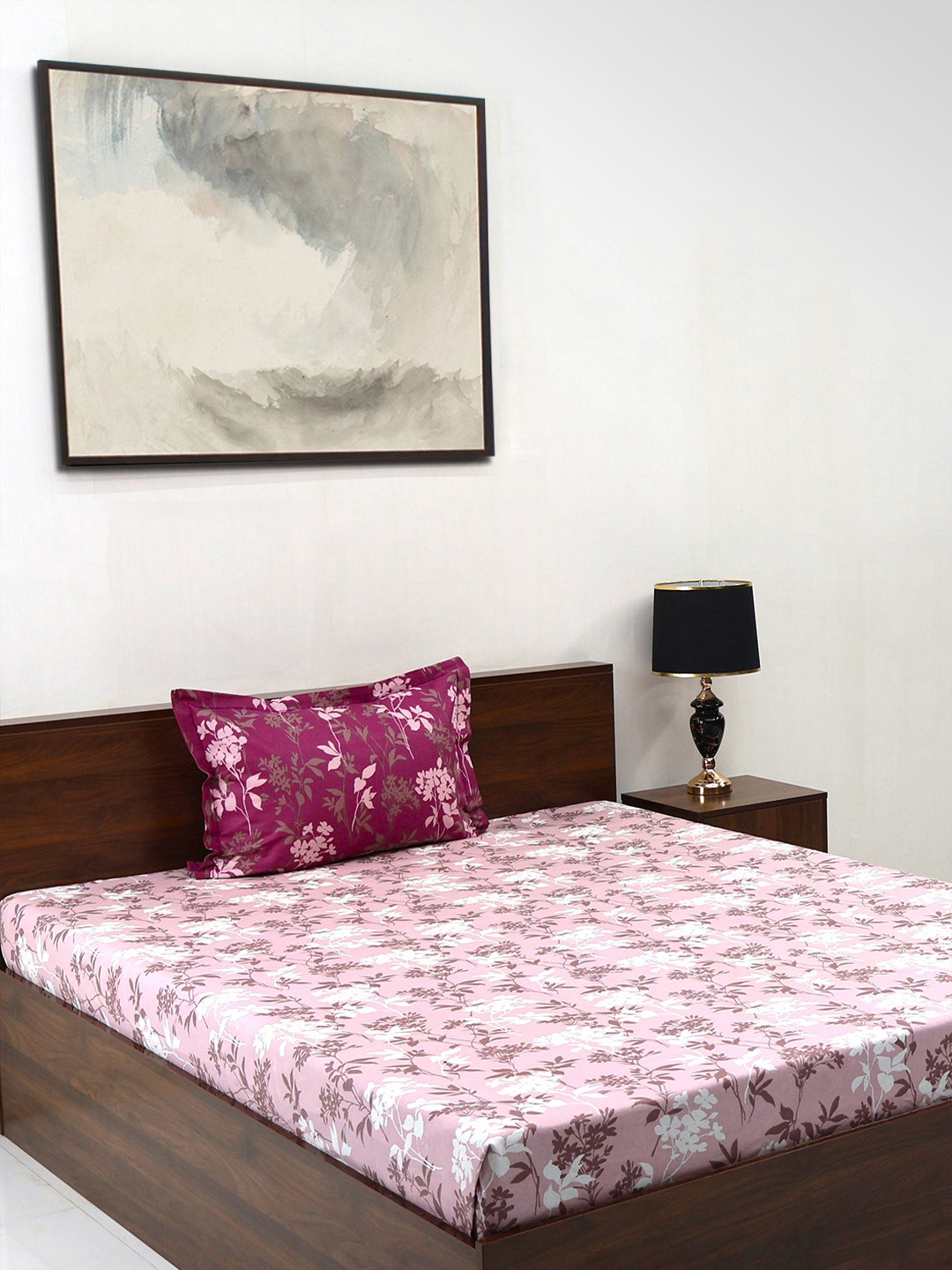 BOMBAY DYEING Blumen Pink Floral 104 TC Cotton Single Bedsheet Set-1.40 m X 2.24 m
