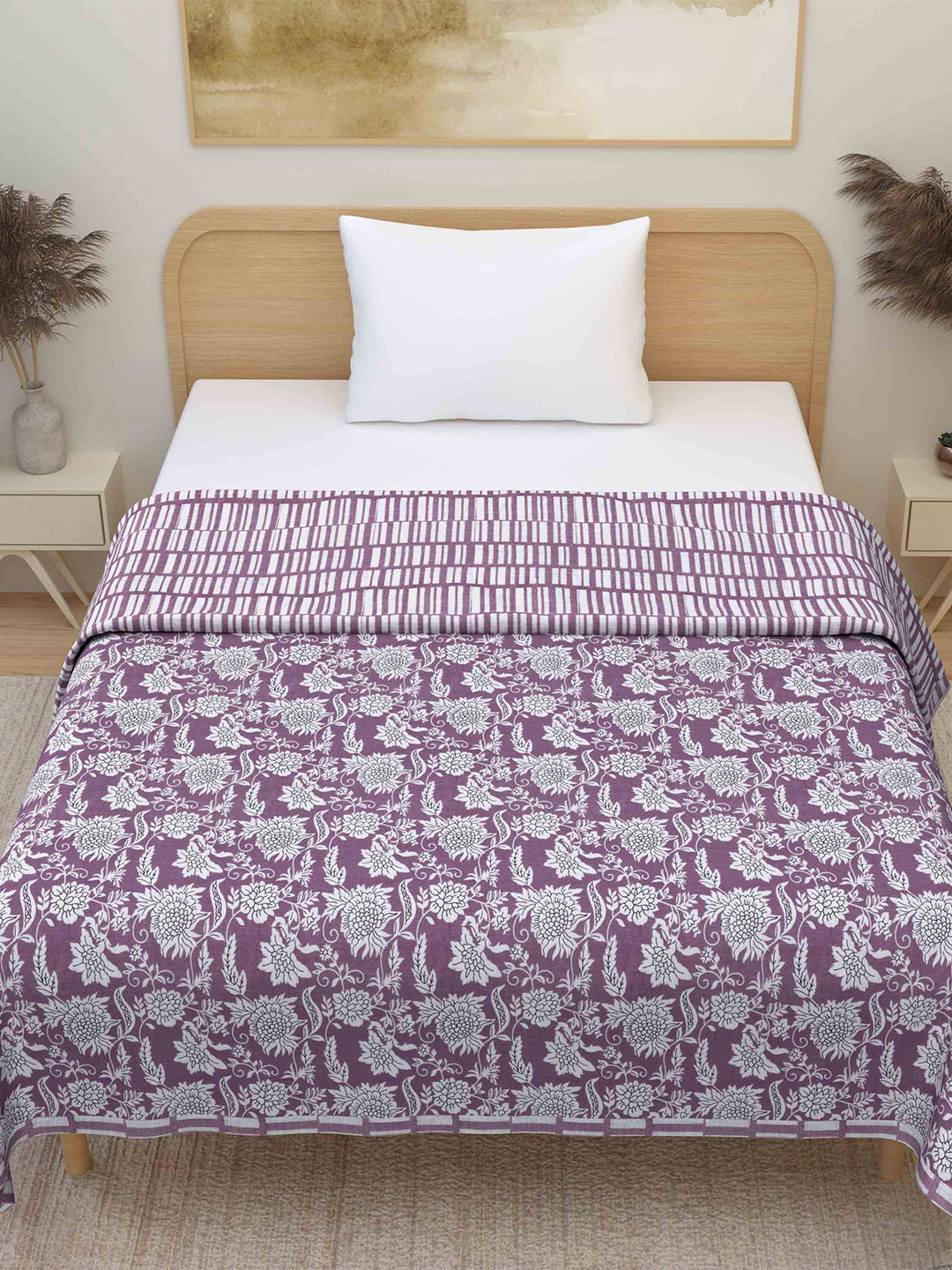 Plarsh Comfort Lavender Floral Premium Soft 300 GSM Pure Cotton Reversible Single Bed