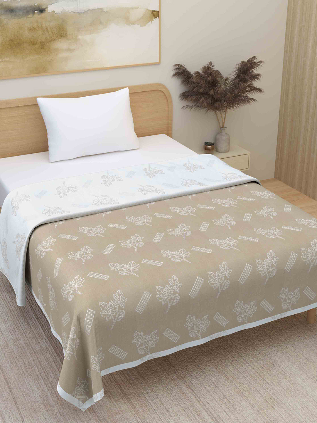 Plarsh Comfort Beige Floral Premium Soft 300 GSM Pure Cotton Reversible Single Bed Dohar