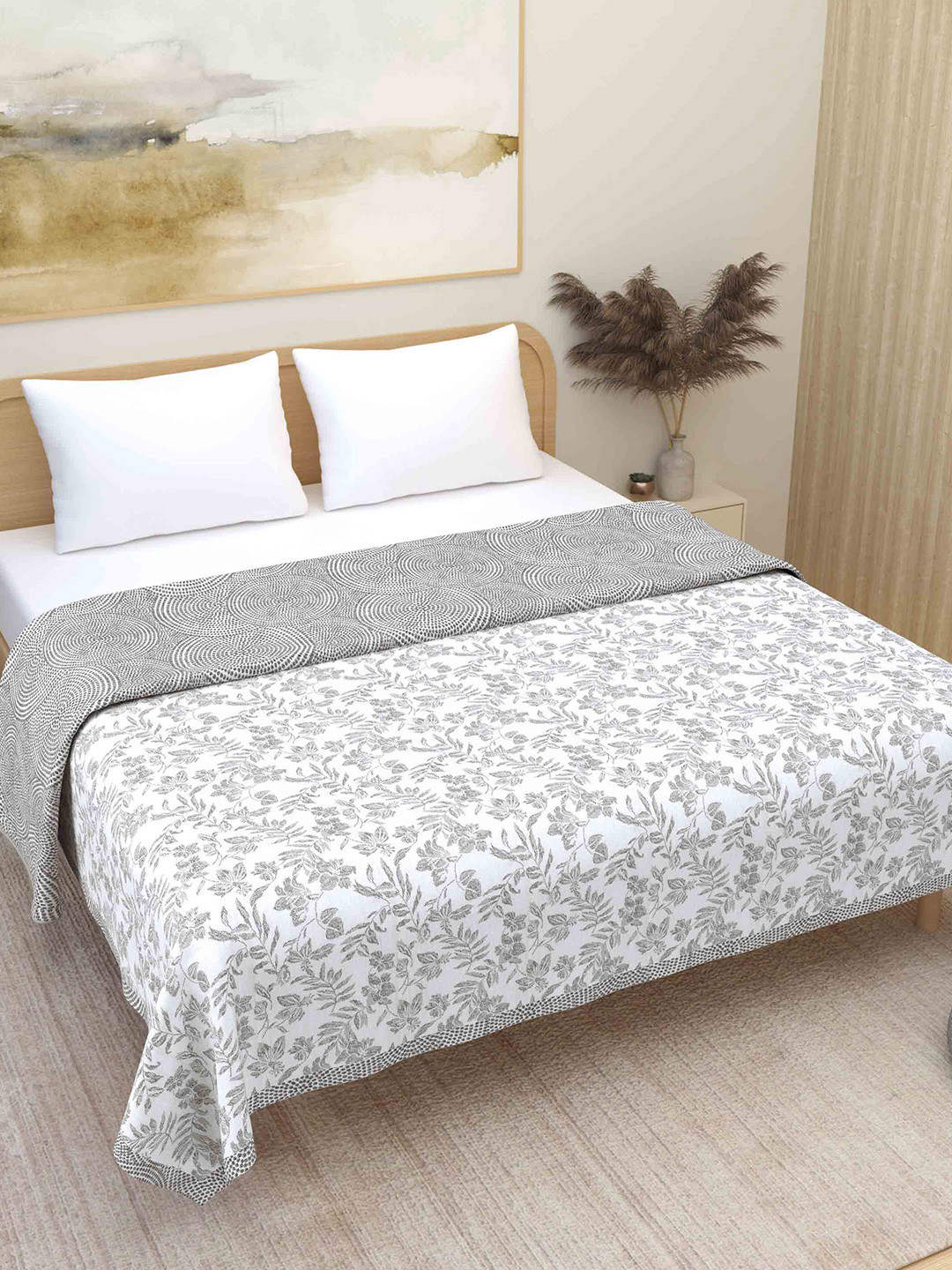 Plarsh Comfort Premium Grey Floral Printed Pure Cotton Reversible Double Bed Dohar
