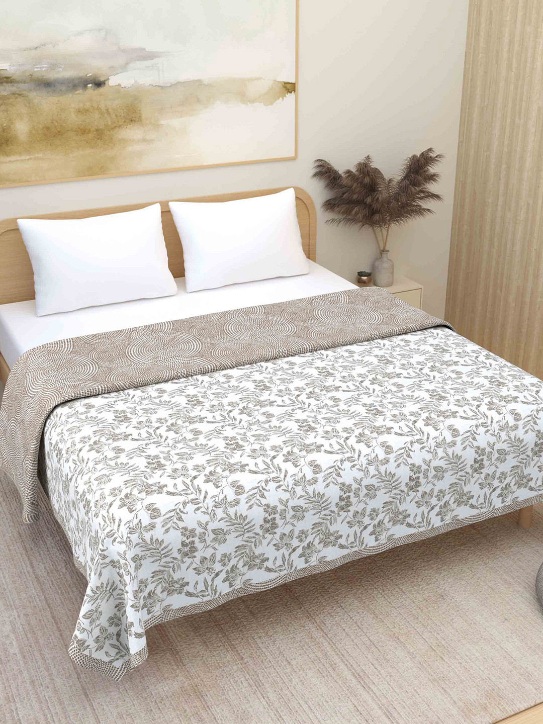 Plarsh Comfort Premium Grey Floral Printed Pure Cotton Reversible Double Bed Dohar