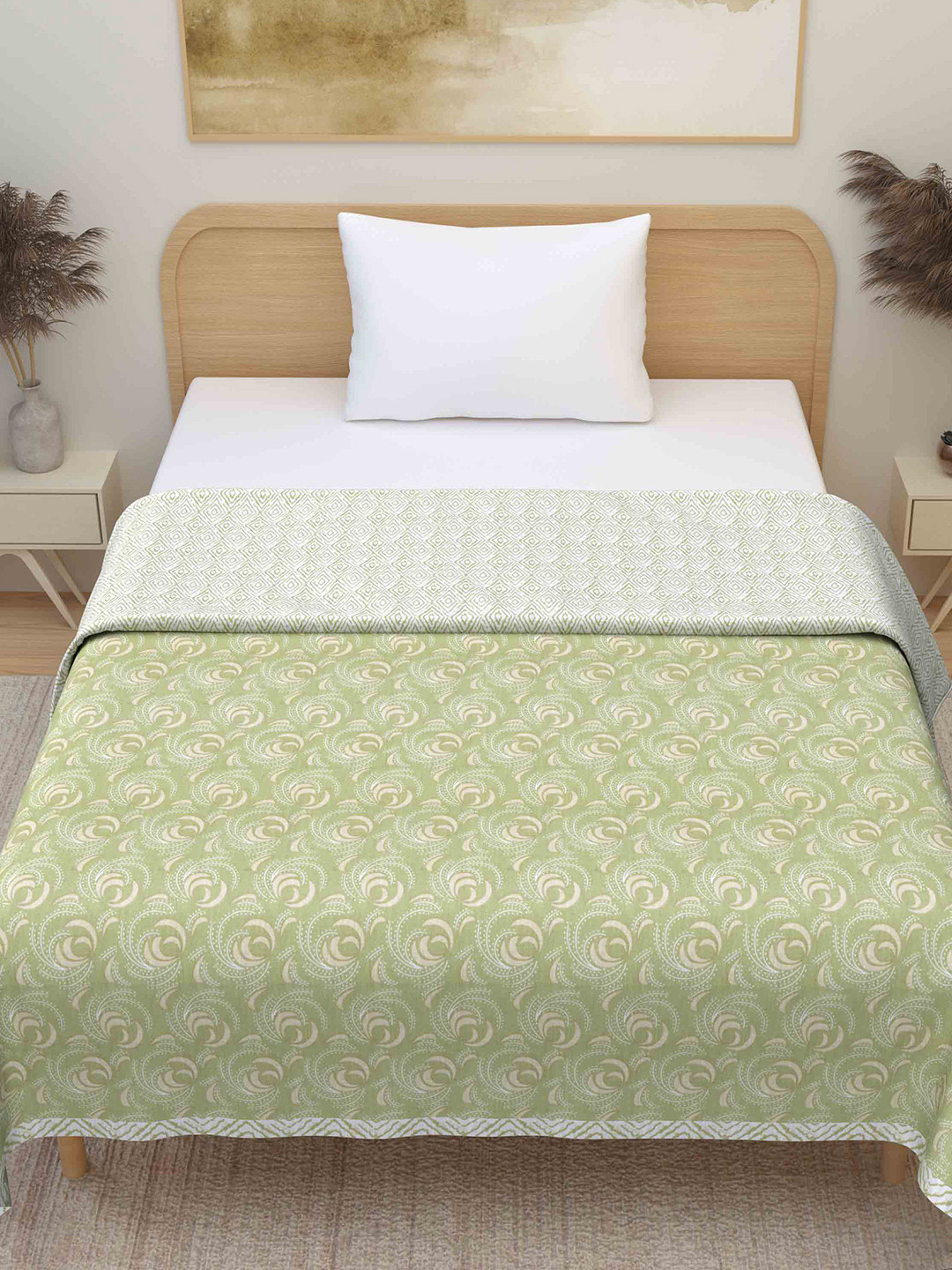 Plarsh Comfort Premium Soft Flannel Green Printed Pure Cotton Reversible Single Bed Dohar