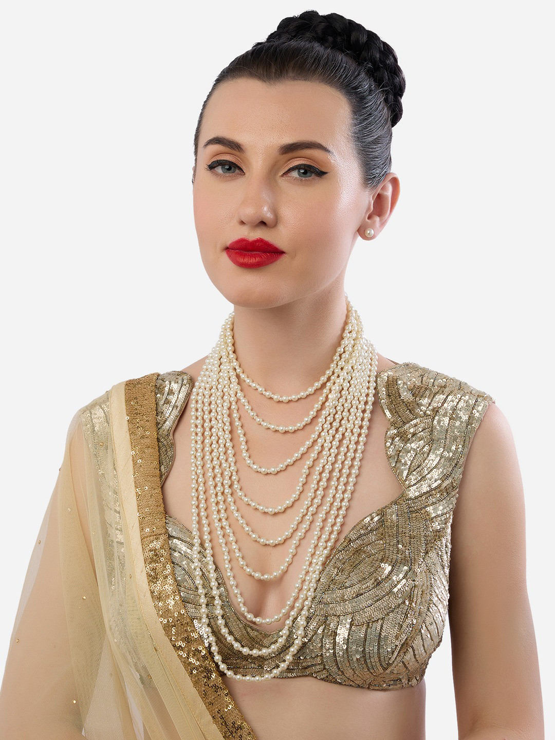 Zaveri Pearls Gold-Plated Multilayers Long Pearls Beaded Jewellery Set