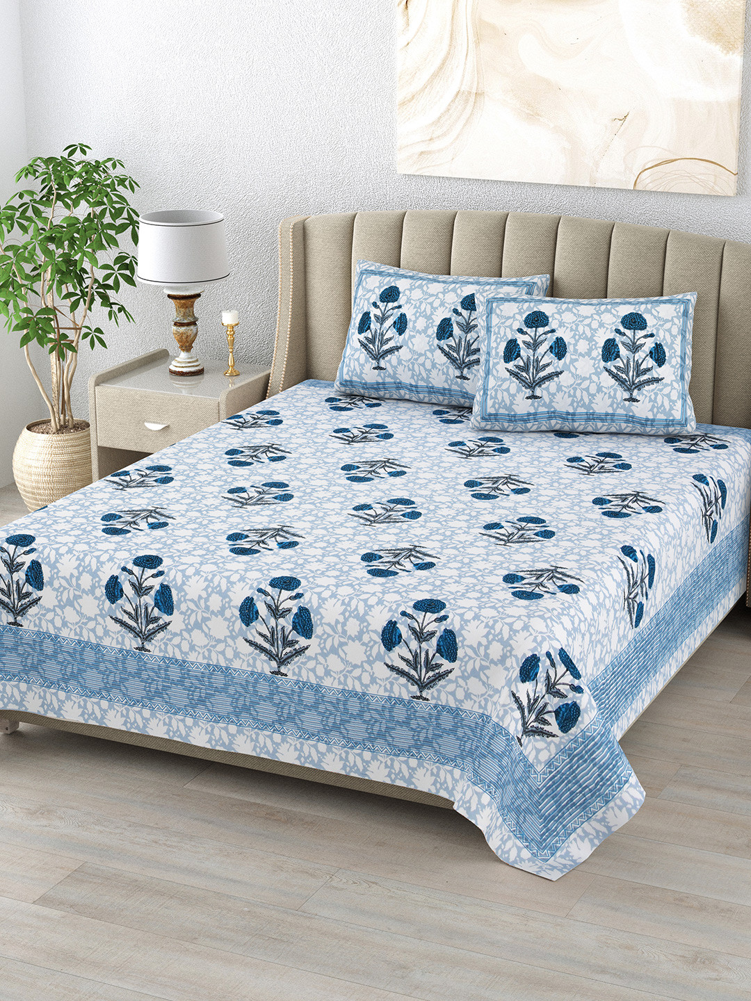 DE CAMA Blue Floral Cotton 210 TC King Fine Bedsheet with 2 Pillow Covers-59 x 87 inches