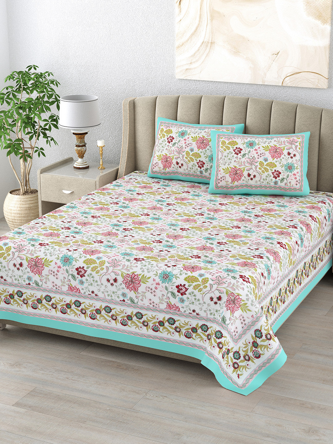 DE CAMA Sea Green & White Floral Pure Cotton 210 TC King Bedsheet Set 2.28 x 2.74 Mts