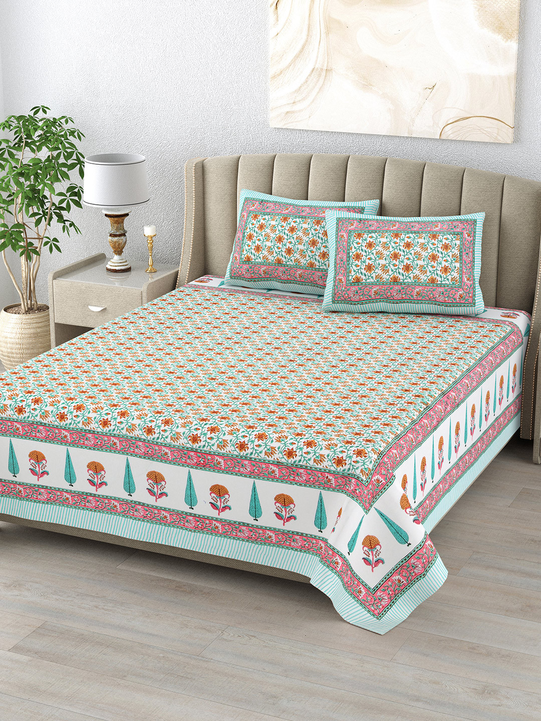 DE CAMA Olive Green & Red Floral Pure Cotton 210 TC King Bedsheet Set 2.28 x 2.74 Mts