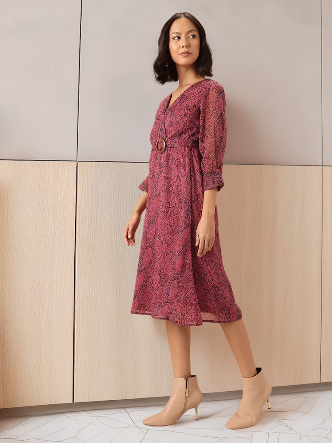 all about you Animal Print Midi Wrap Dress with Belt