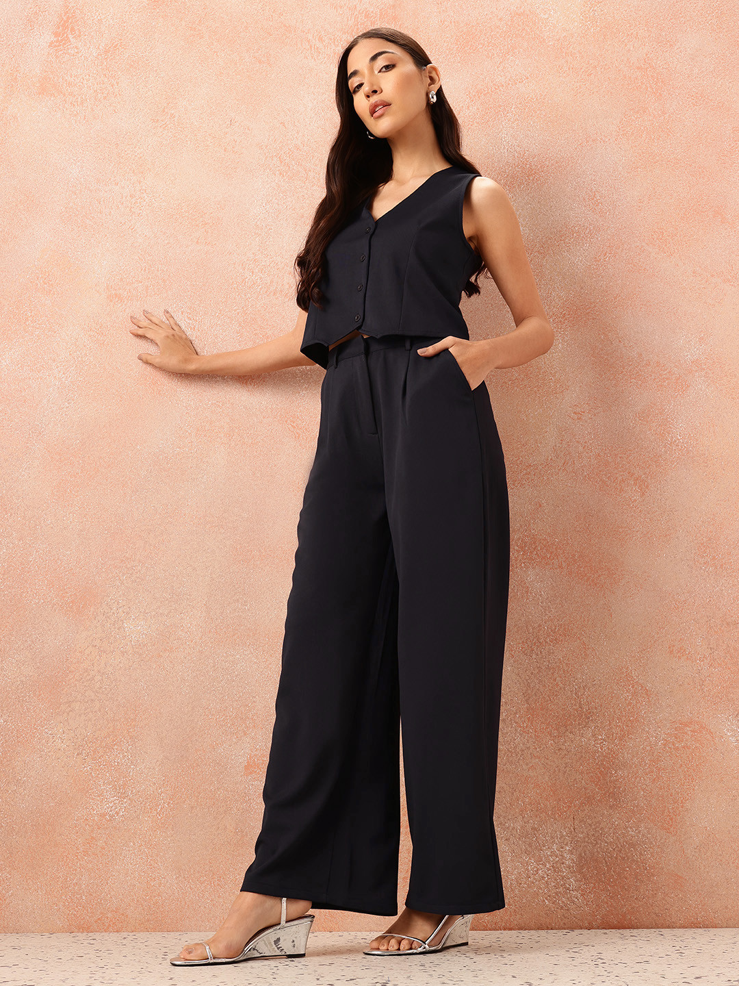 all about you Textured Waist-Coat Style Flared Leg Co-Ords