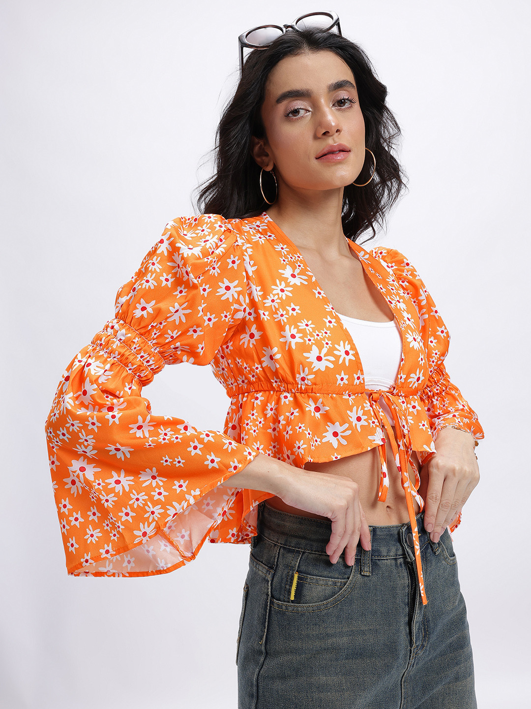 glitchez Floral Print Front-Open Bell Sleeves Crop Top