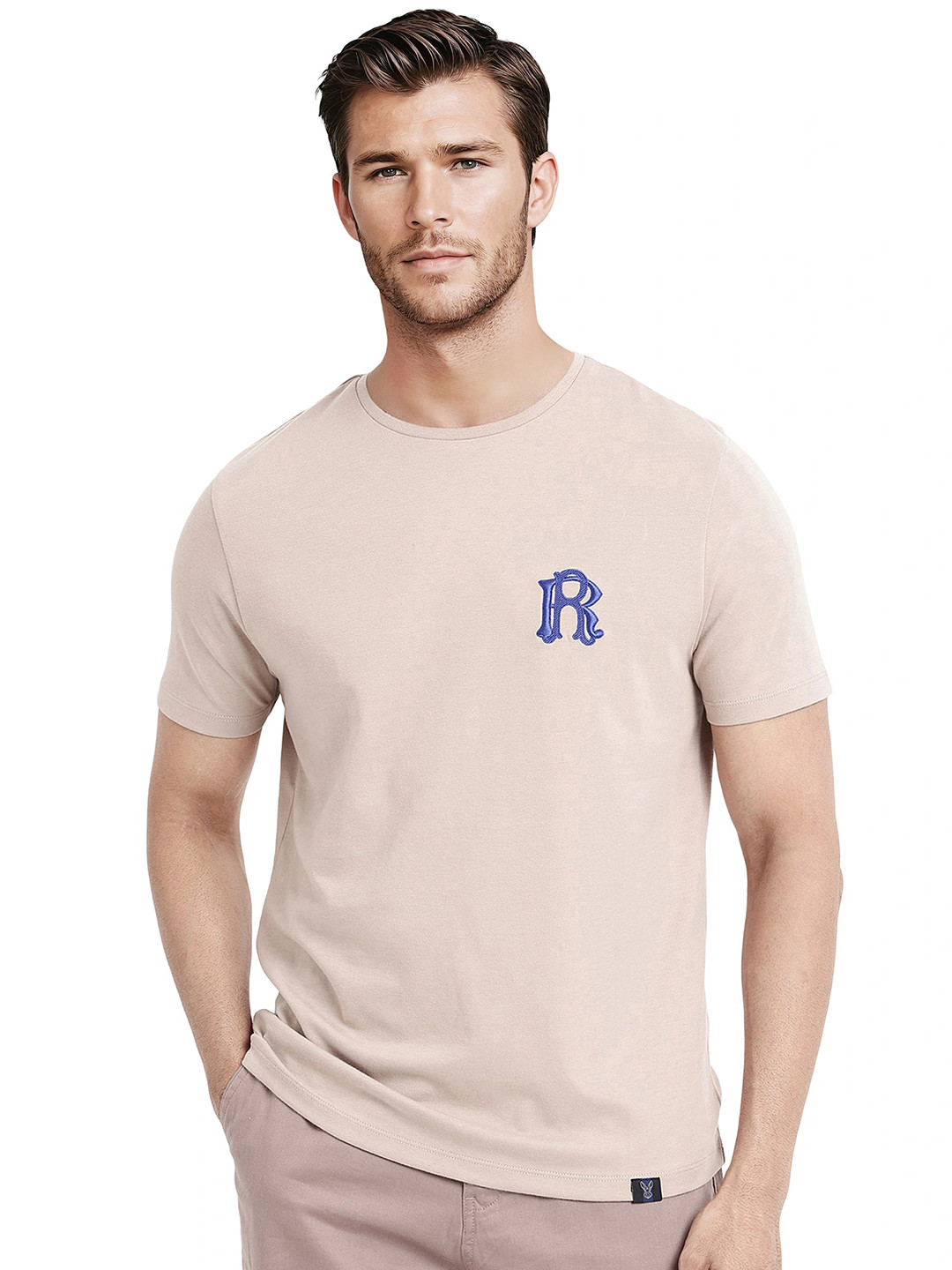 RARE RABBIT Mens Embroidered Crew Neck Half Sleeve Oversized Fit T-Shirt