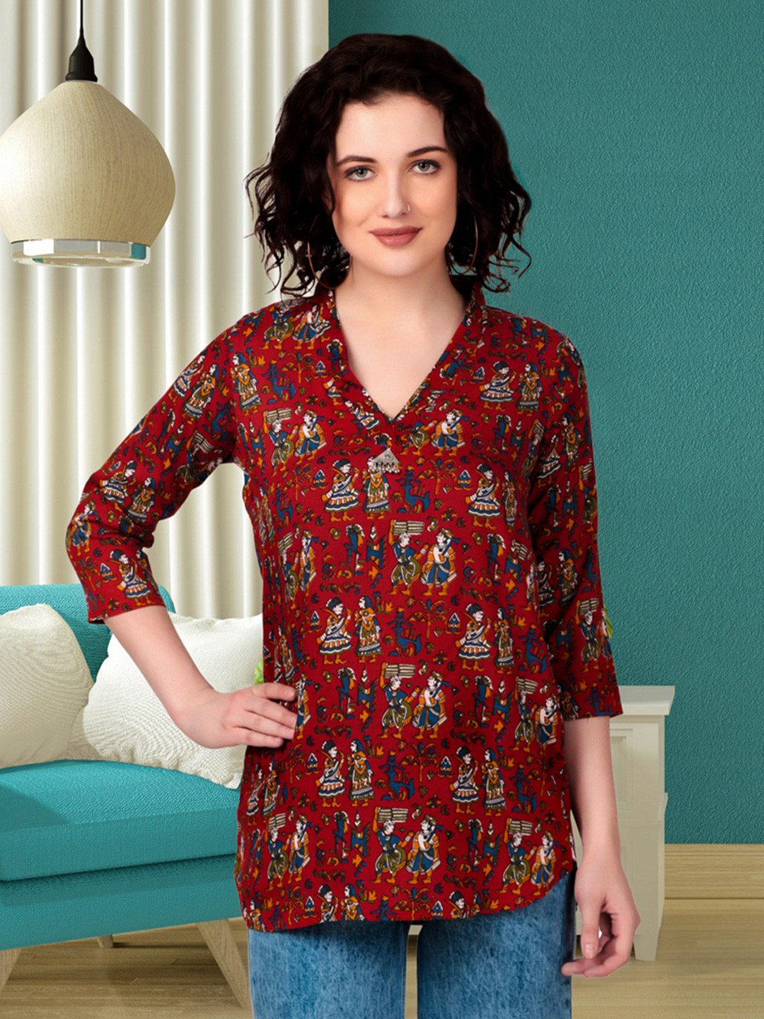 Magnetism Jaipuri Traditional Kalamkari Printed Short Kurti with Detachable Linning