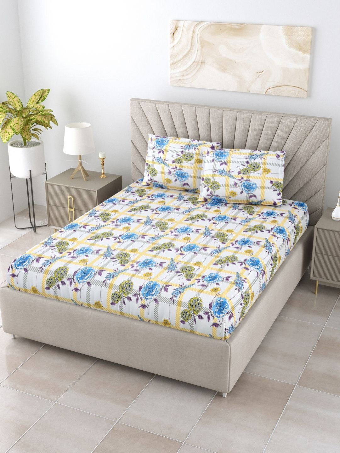 BOMBAY DYEING Florentine Blue Floral Pure Cotton 144 TC Double Bedsheet with 2 Pillow Covers-90 x 100 inches
