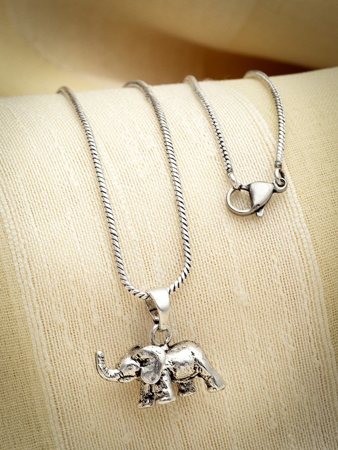 Sanjog Silver-Plated Elephant With Trunk Up Oxidised Pendant With Chain