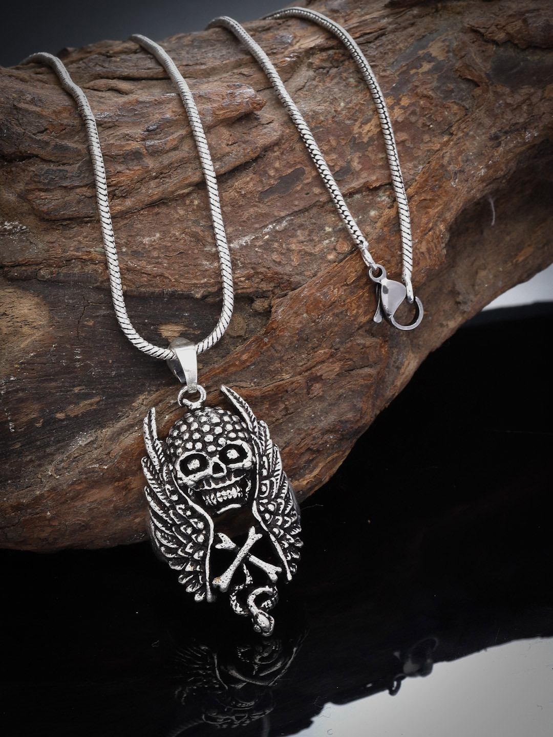 Sanjog Silver-Plated Winged Skull Halloween Biker Pendant & Chain