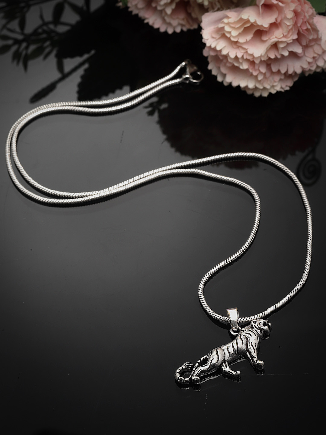 Sanjog Silver-Plated Wild Animal Tiger King Pendant & Chain