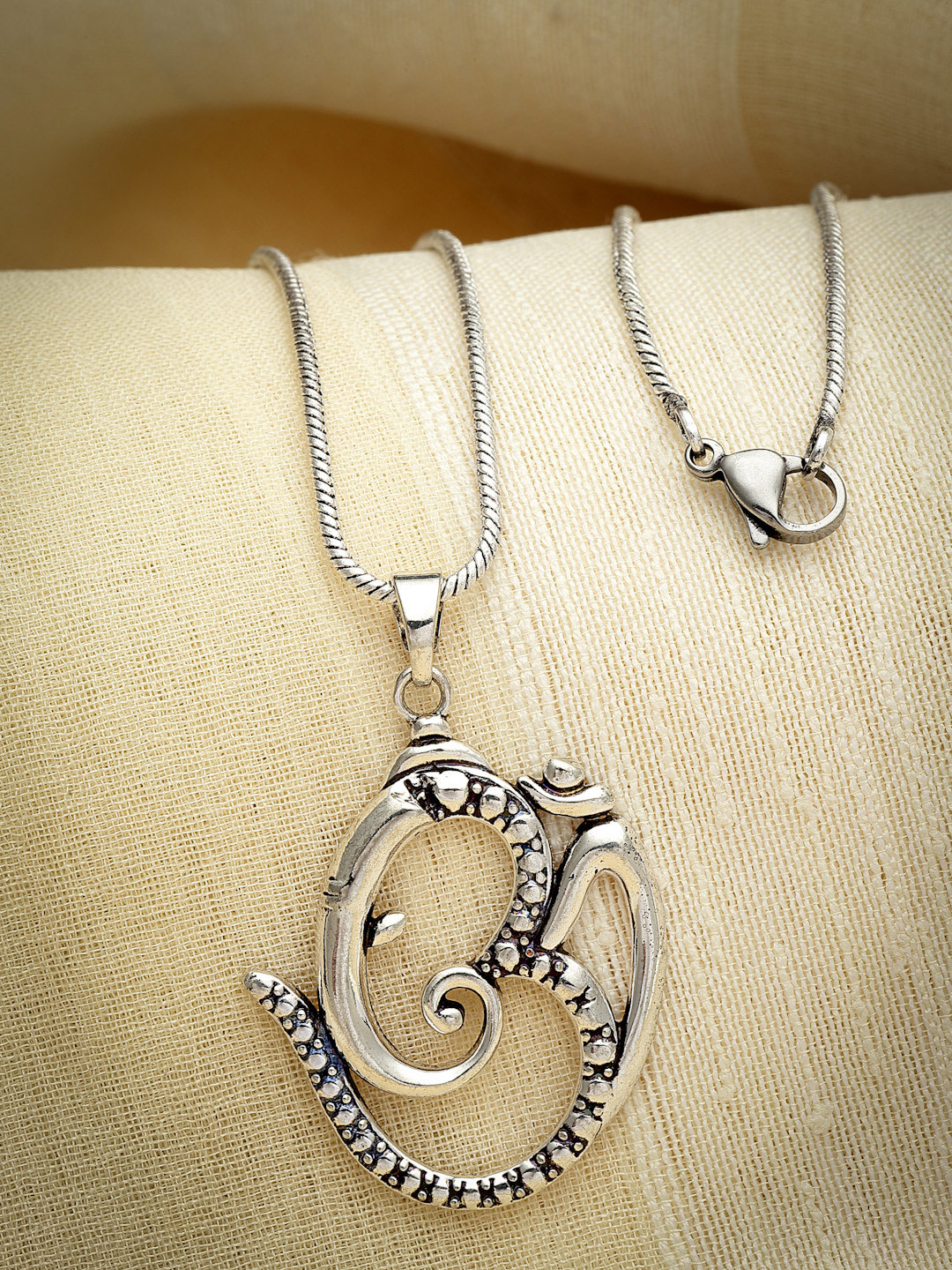 Sanjog Silver-Plated Om Ganesha Spritual Pendant With Chain