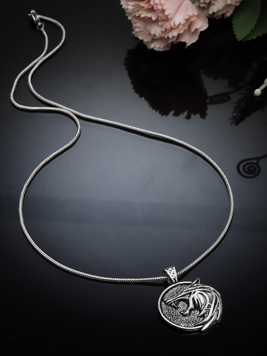 Sanjog Men Silver-Plated Wolf Head Pendant With Chain