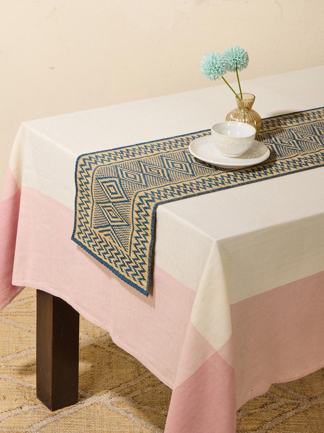 Fabindia Beige & Blue Floral Printed Rectangular Shaped Table Runner