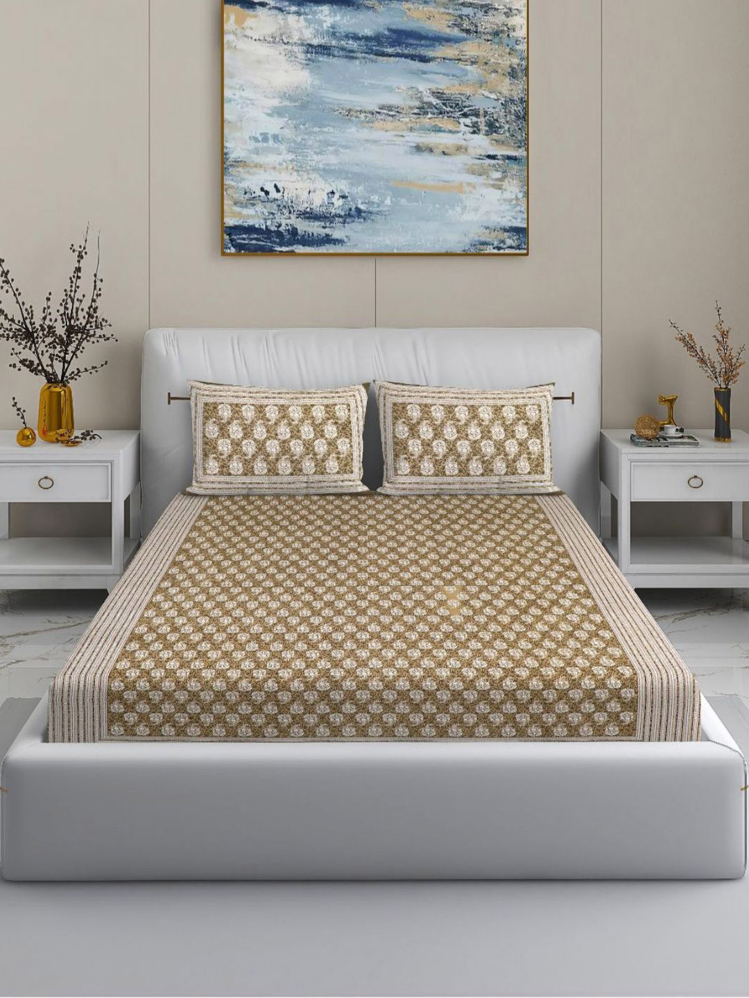 MODEFE Beige Ethnic Motifs Cotton Skin-Friendly 144 TC King Bedsheet with 2 Pillow Covers-220 x 270 cm