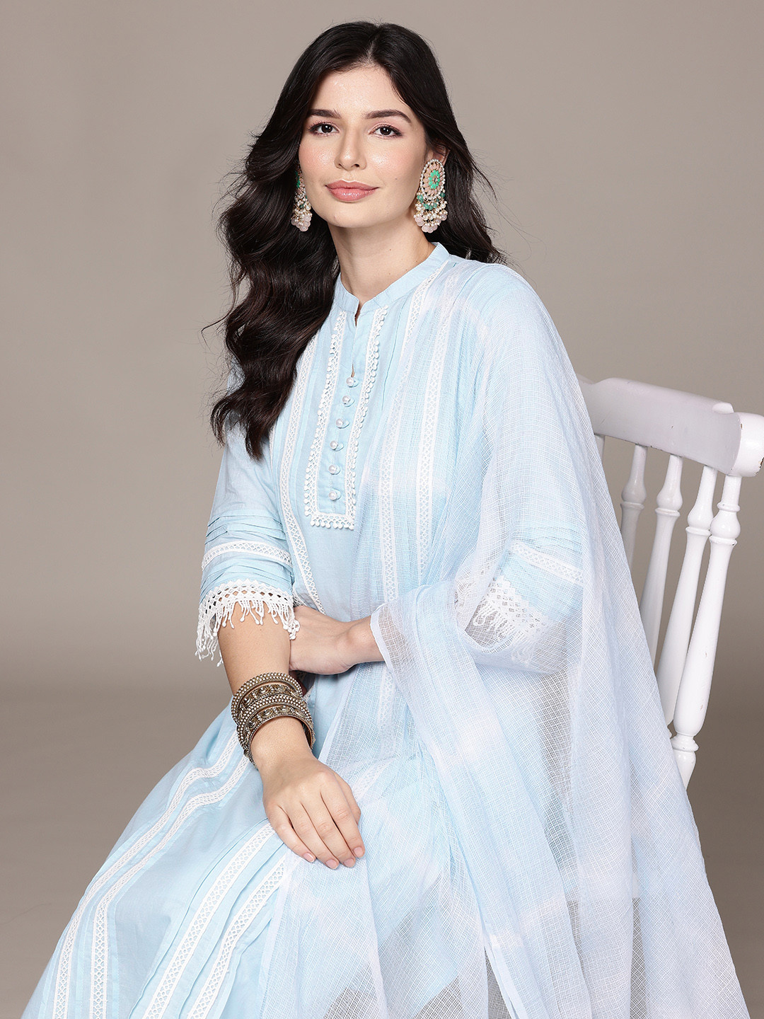 Readiprint Floral Lace Insert Detail Pure Cotton Kurta with Palazzos & Dupatta