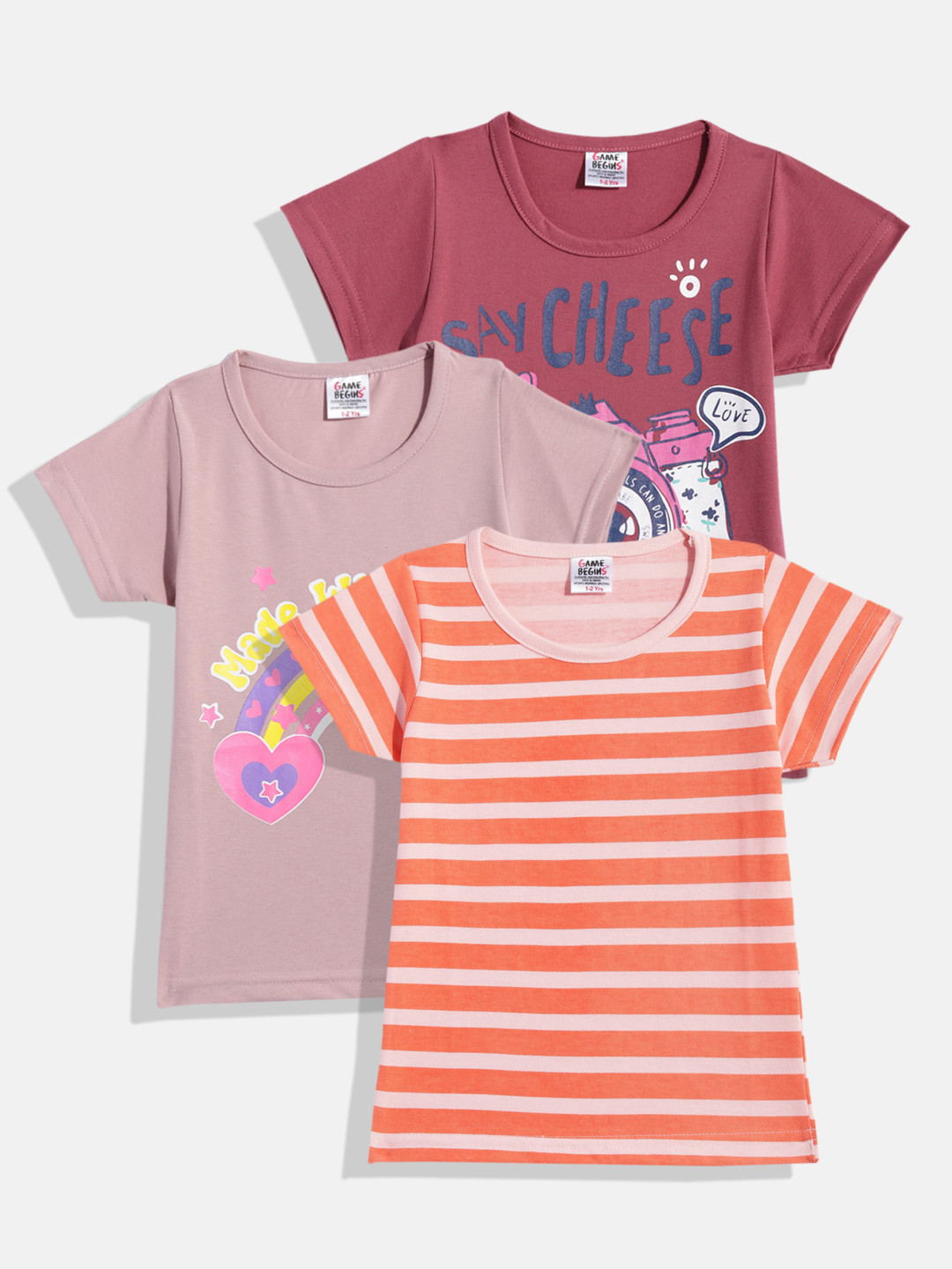 Here&Now X Game Begins Girls Pack Of 3 Assorted Printed Pure Cotton T-shirts