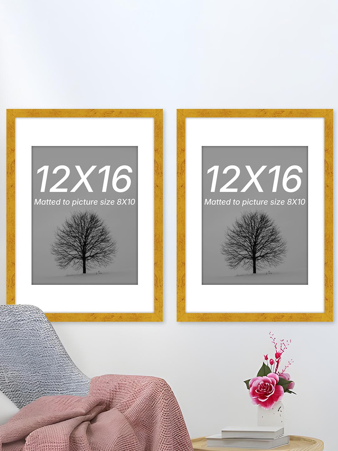 Art Street Gold-Toned Set of 2 Wood Wall Photo Frames for Certificate & Home Decor