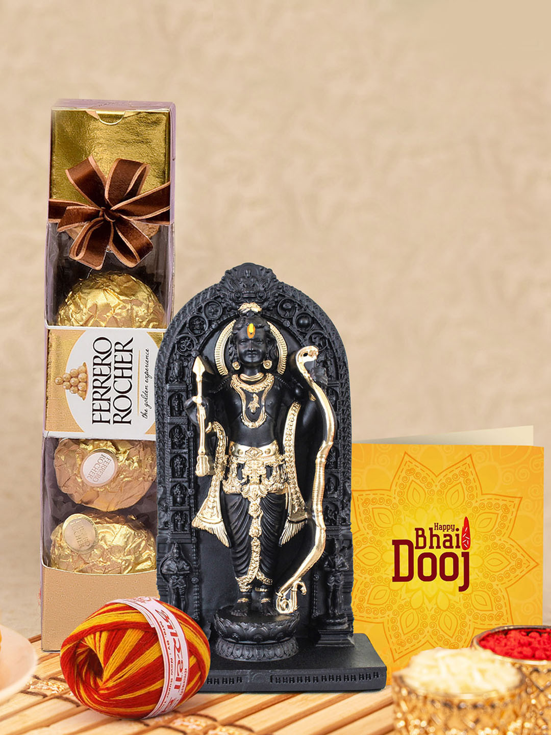TIED RIBBONS Set Of 2 Lord Ramlalla Idol with Chocolate & Card with Kalawa & Roli Chawal