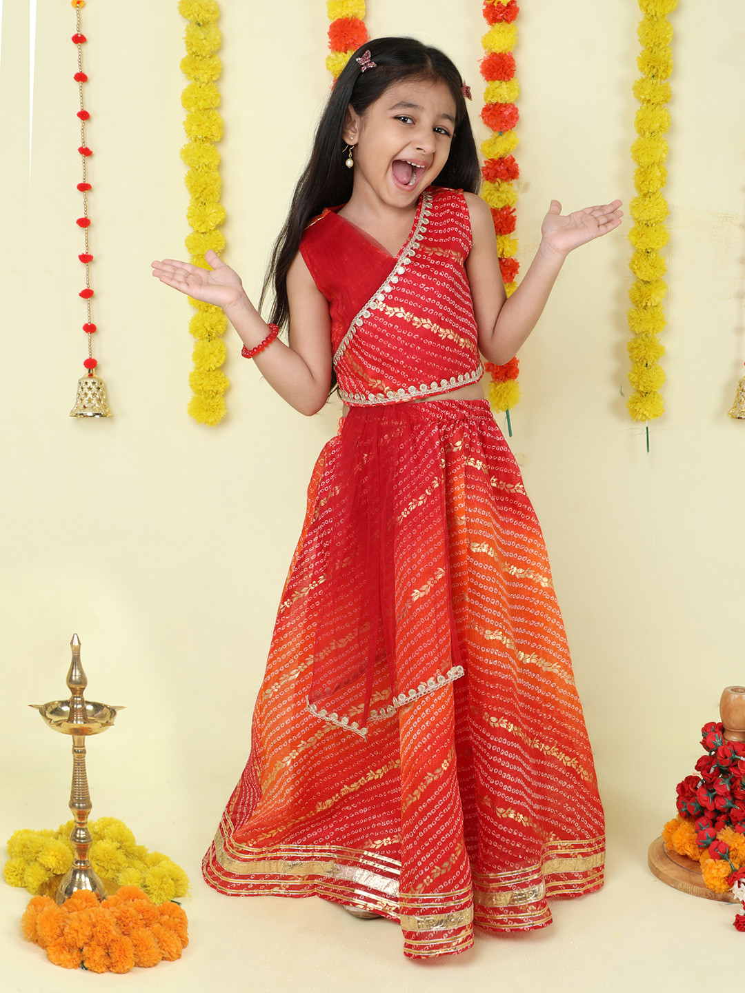 The Magic Wand Girls Flora Printed Gotta Patti Ready to Wear Lehenga & Blouse With Dupatta
