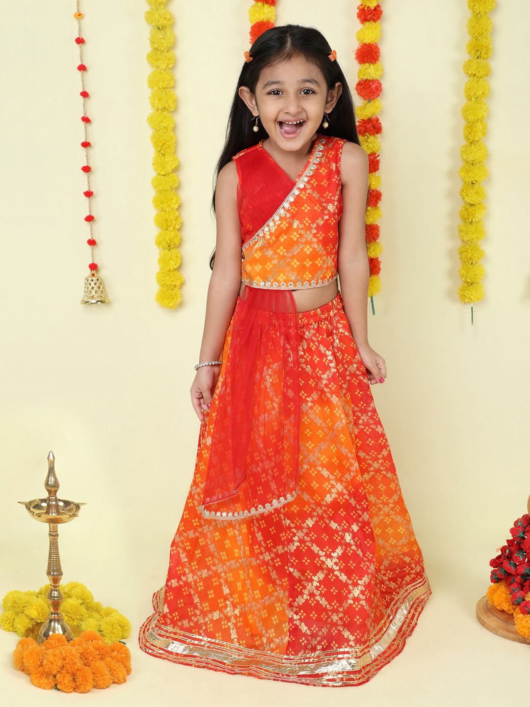 The Magic Wand Girls Flora Printed Gotta Patti Ready to Wear Lehenga & Blouse With Dupatta