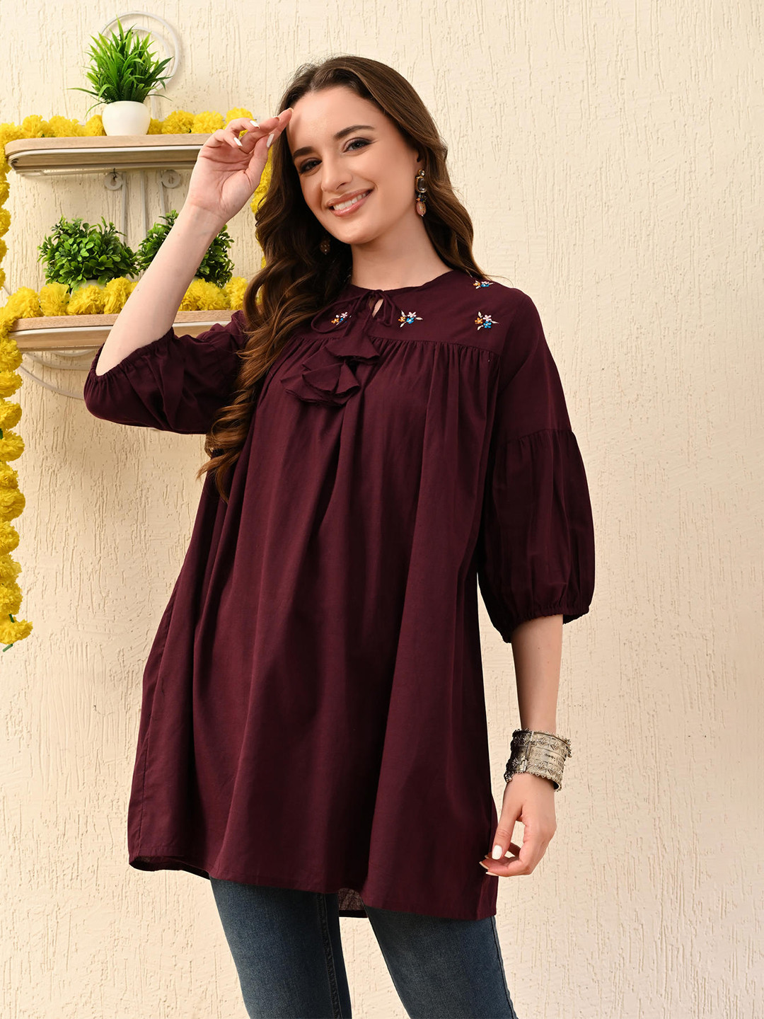 KEOSA Women Embroidered Cotton Tie-Up Neckline Top