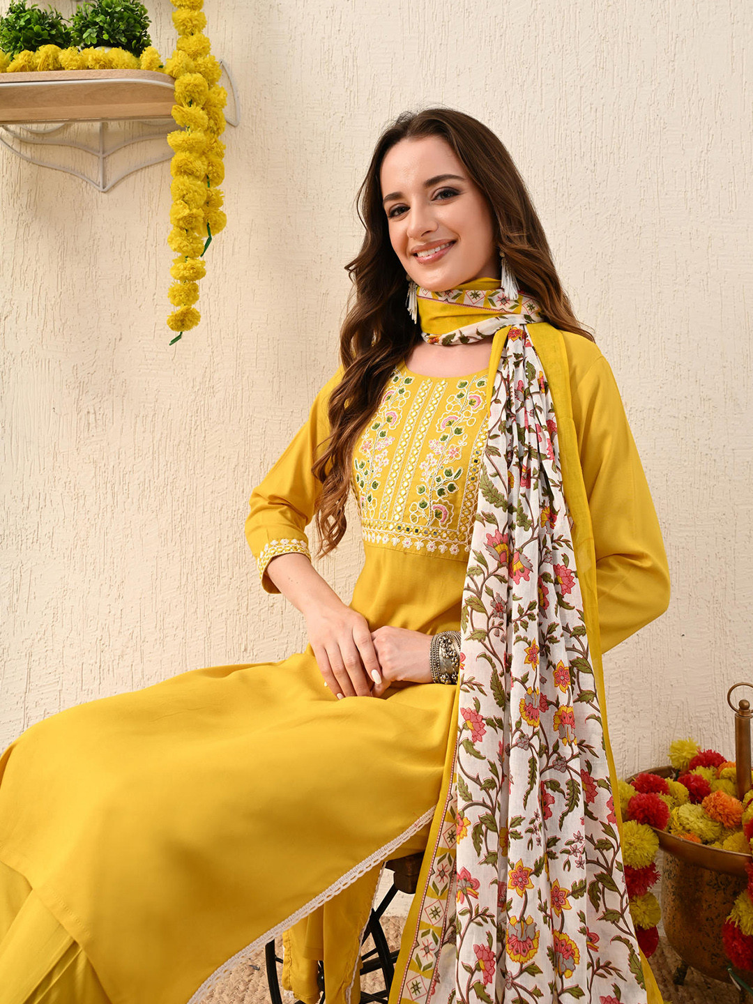KEOSA Floral Embroidered Mirror Work Straight Kurta With Trousers & Dupatta