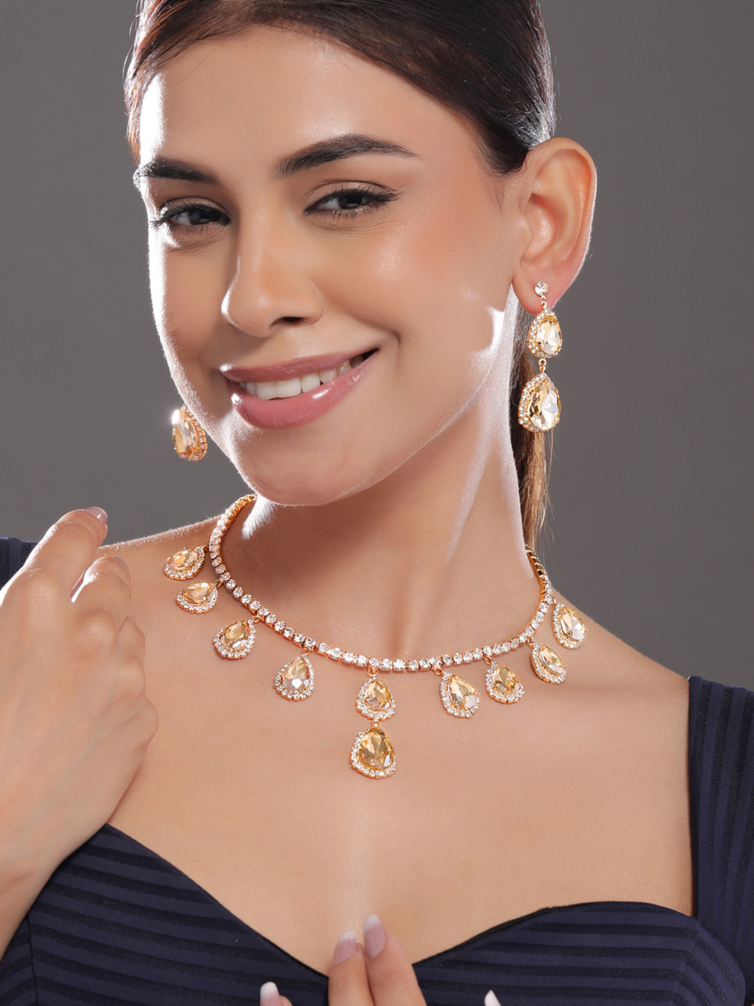 Rubans Rhodium Plated Crystal Golden & White Cubic Zirconia Studded Statement Jewelry Set