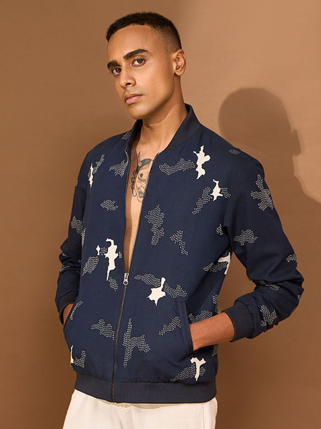 VIVEK KARUNAKARAN Men Shatter & Cutwork Design Linen Bomber Jacket