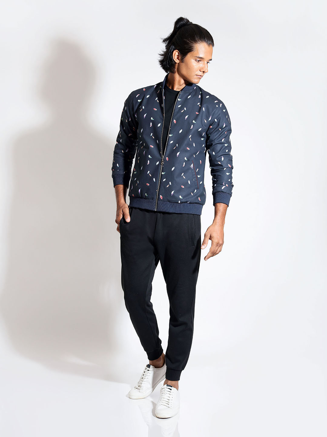 VIVEK KARUNAKARAN Men Stand Collar Conversational Printed Cotton Casual Bomber Jacket