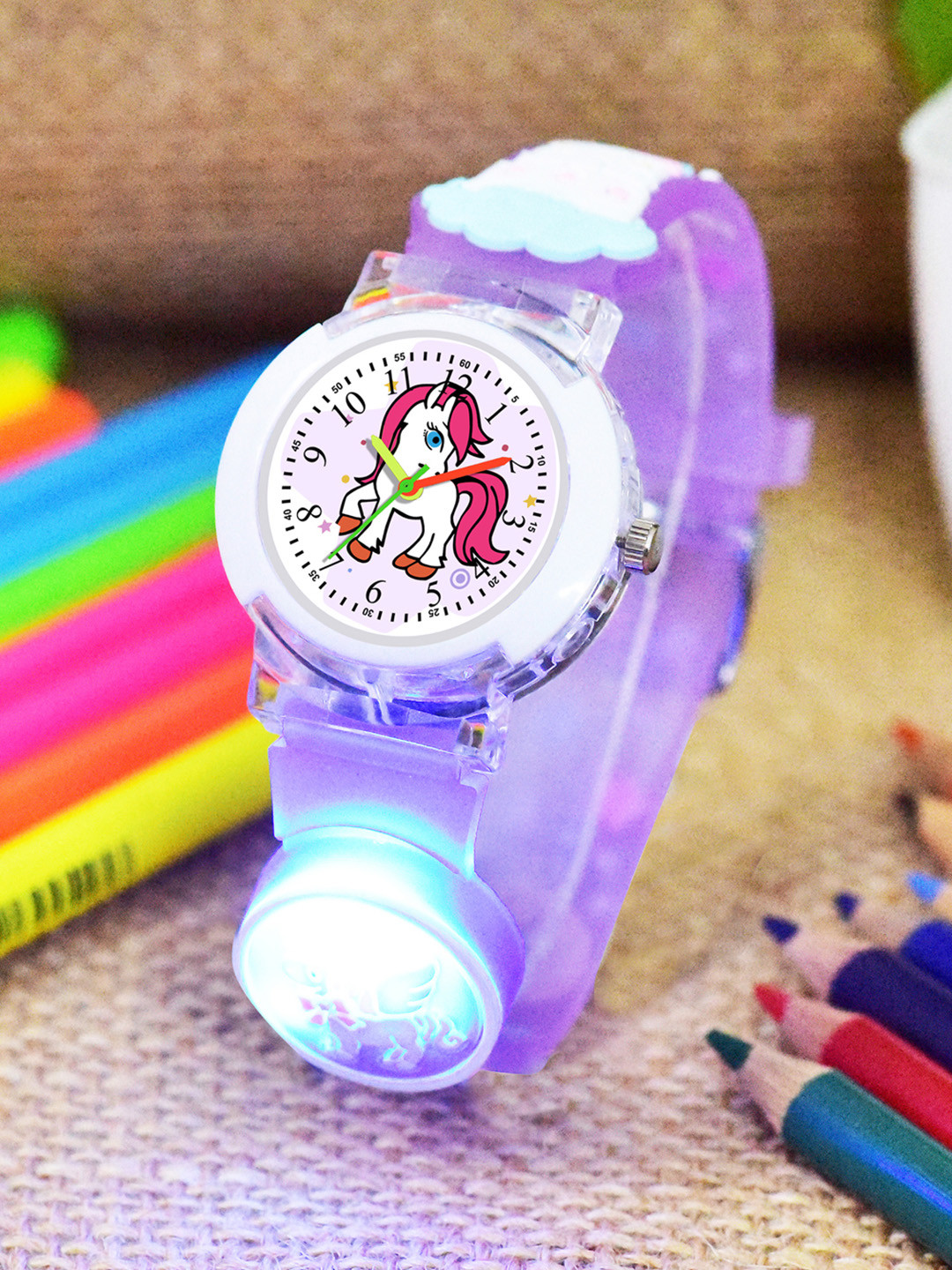 Shocknshop Kids -Girls Patterned LED Dial & Straps Analogue Watch 333 Unicorn Purple
