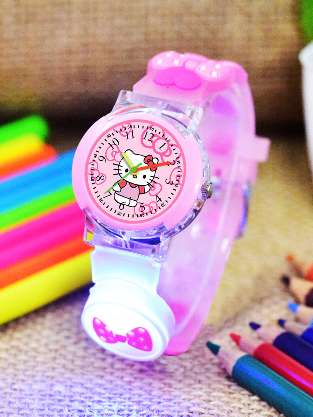 Shocknshop Kids - Girls Patterned LED Dial & Straps Analogue Watch 333 Kitty Pink