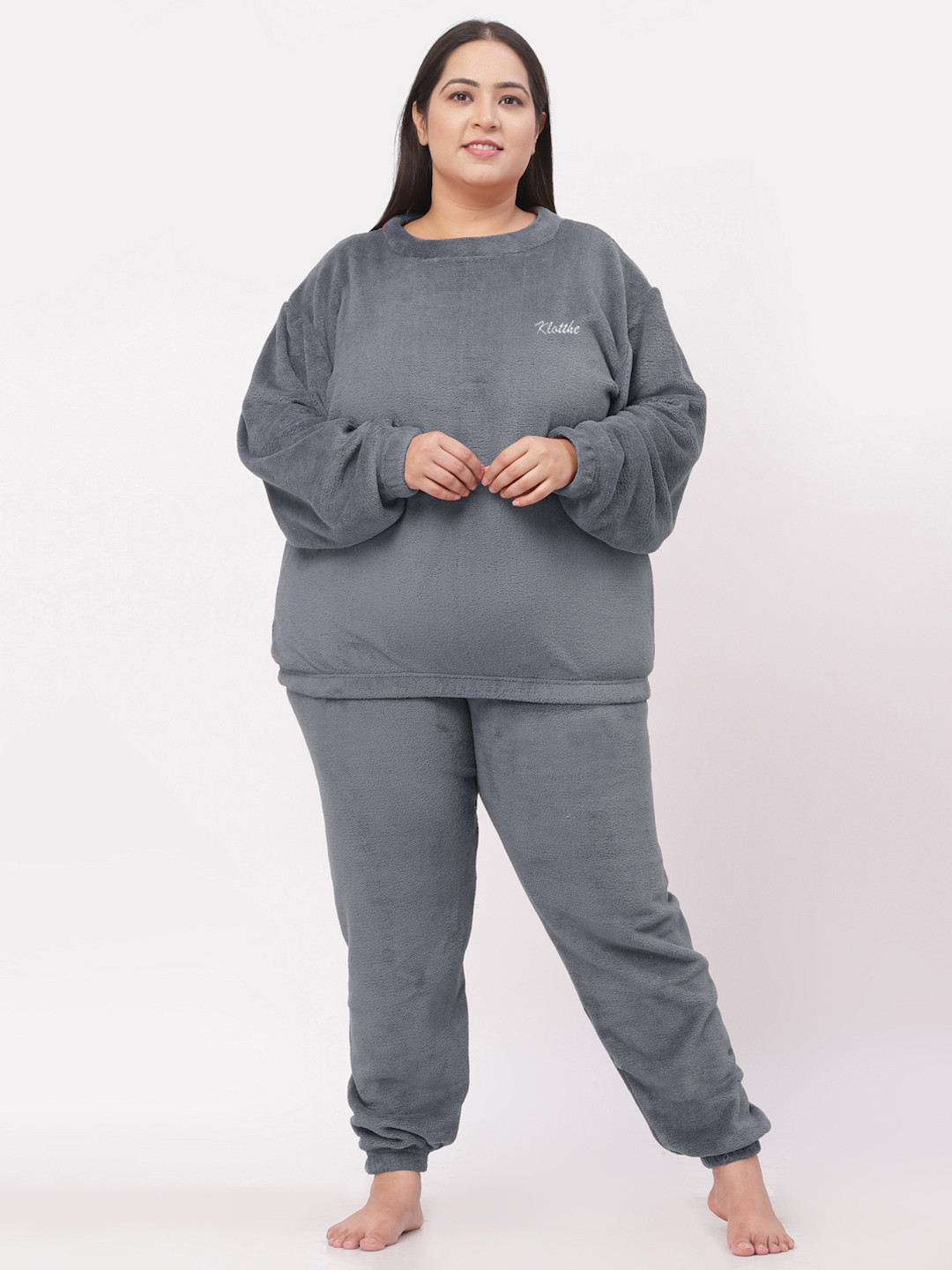 KLOTTHE Plus Size Grey Solid Long Sleeve Woolen Night Suit