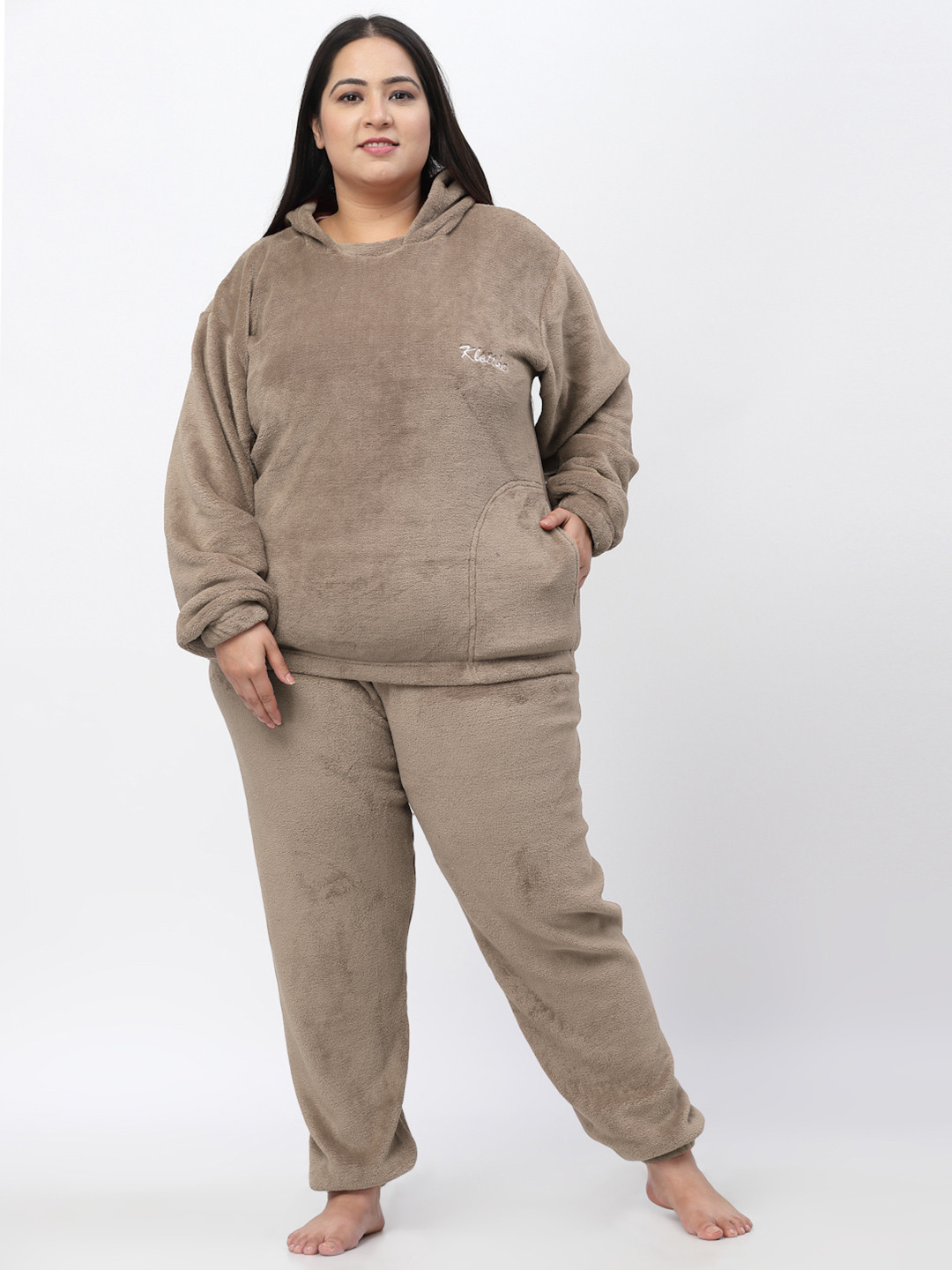 KLOTTHE Women Plus Size  Solid Hudi Night Suit