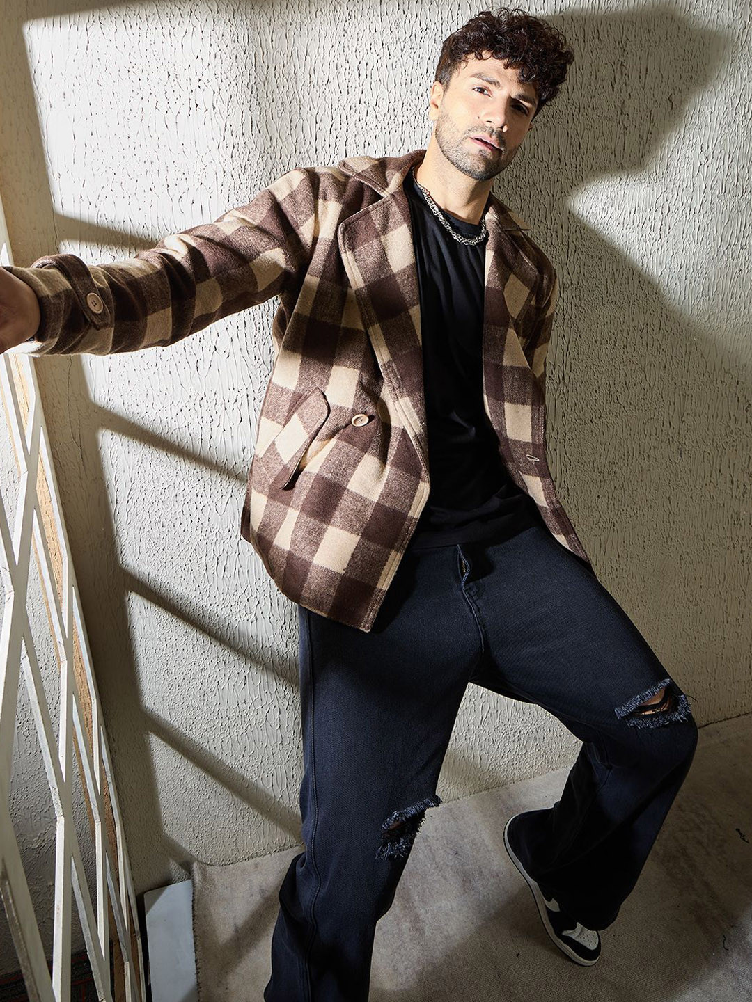 FUGAZEE Checked Notched LapelDouble-Breasted Blazer - Oversized