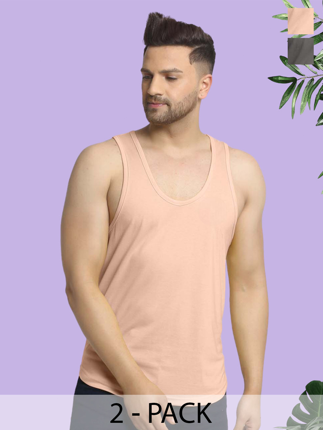 Friskers Pack Of 2 Men Coral & Grey Cotton Anti-Bacterial Innerwear Vest C-32-41