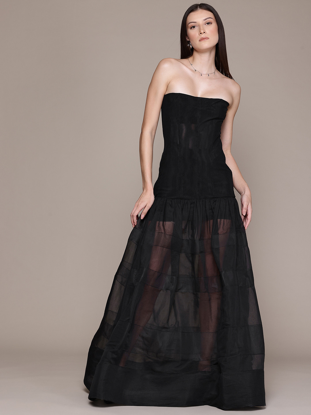 MANGO Sheer Corset Drop-Waist Maxi Dress