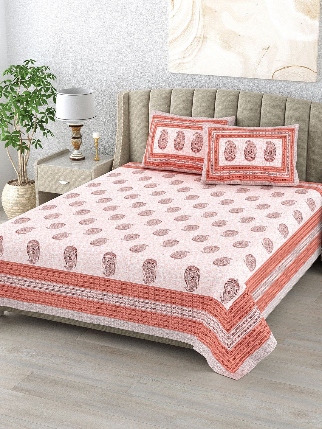 DE CAMA Pink Paisley Cotton 210 TC King Fine Bedsheet with 2 Pillow Covers-90 x 108 inches