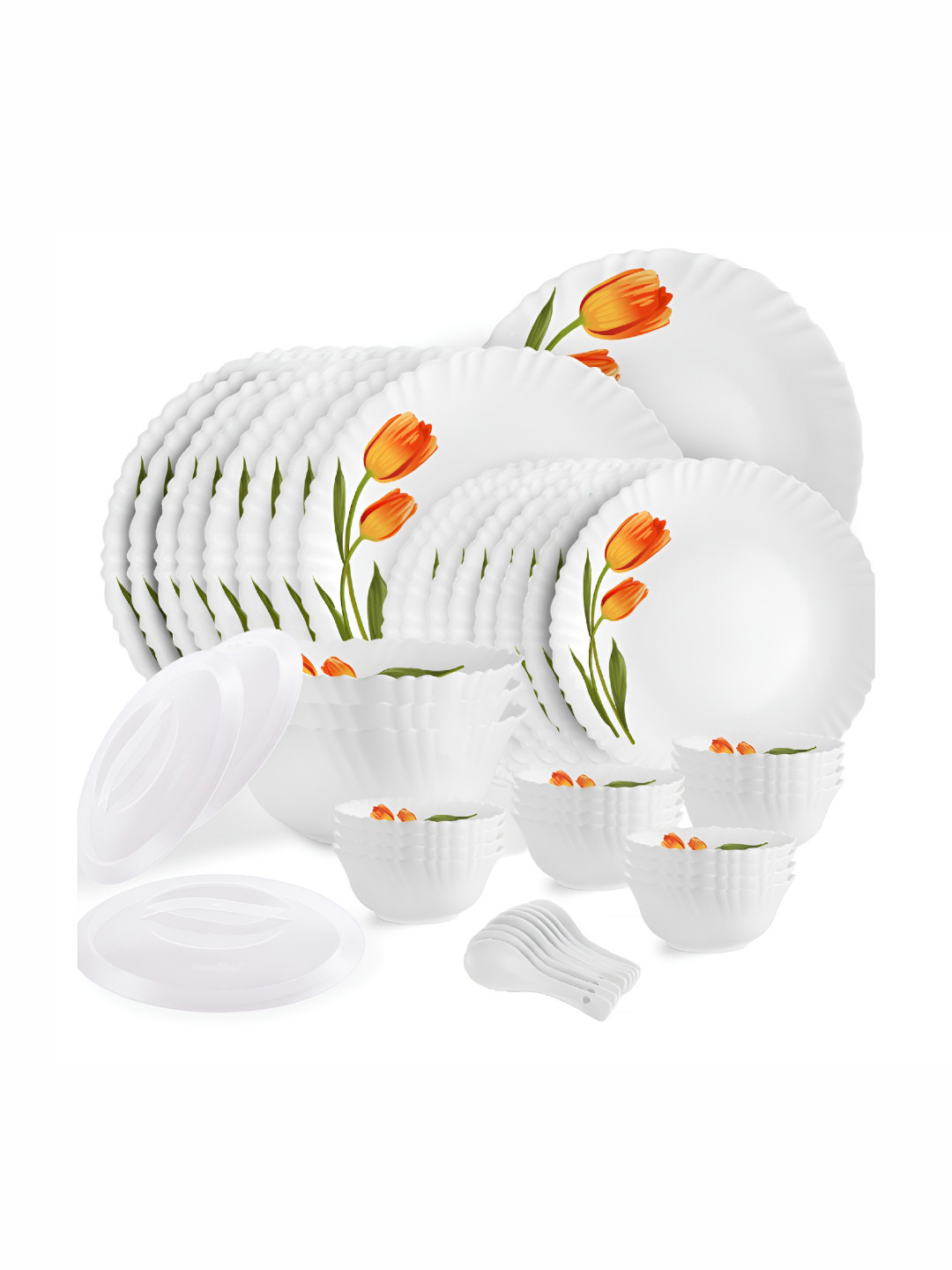 Cello Dazzle Series White Floral Opalware Dishwasher and Microwave Safe 47 Piece Dinner Set