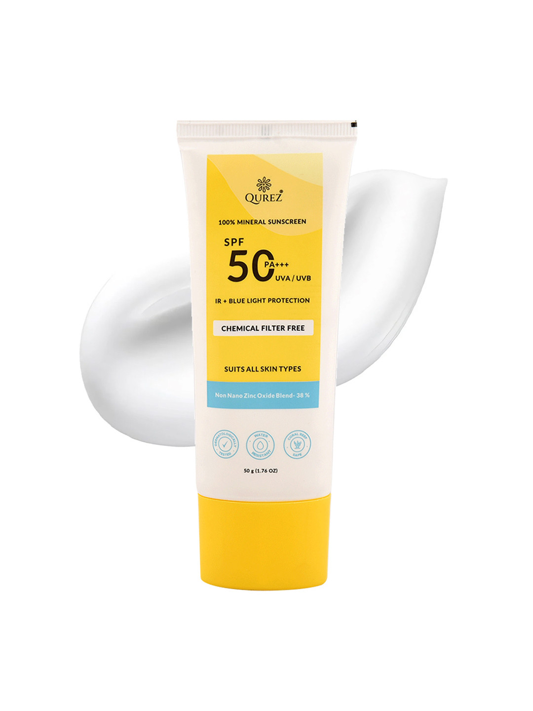 QUREZ 100% Mineral Sunscreen SPF 50 Water Resistant Pregnancy Safe Blue Light Shield 50g