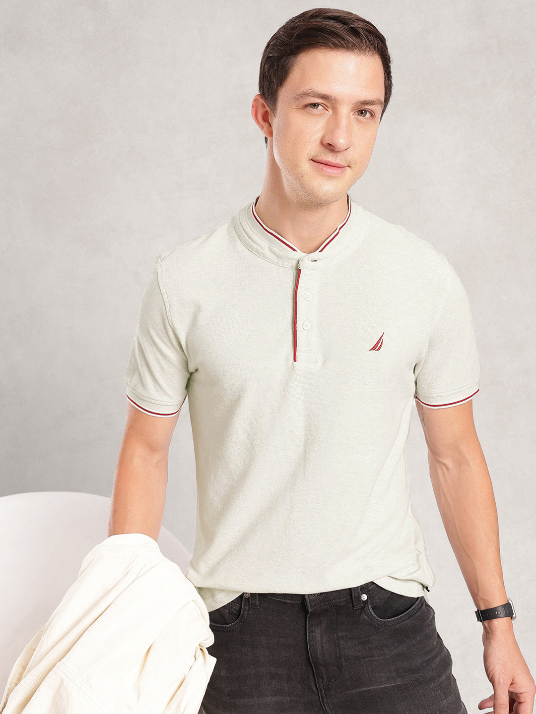 Nautica Band Collar Melange Effect T-shirt