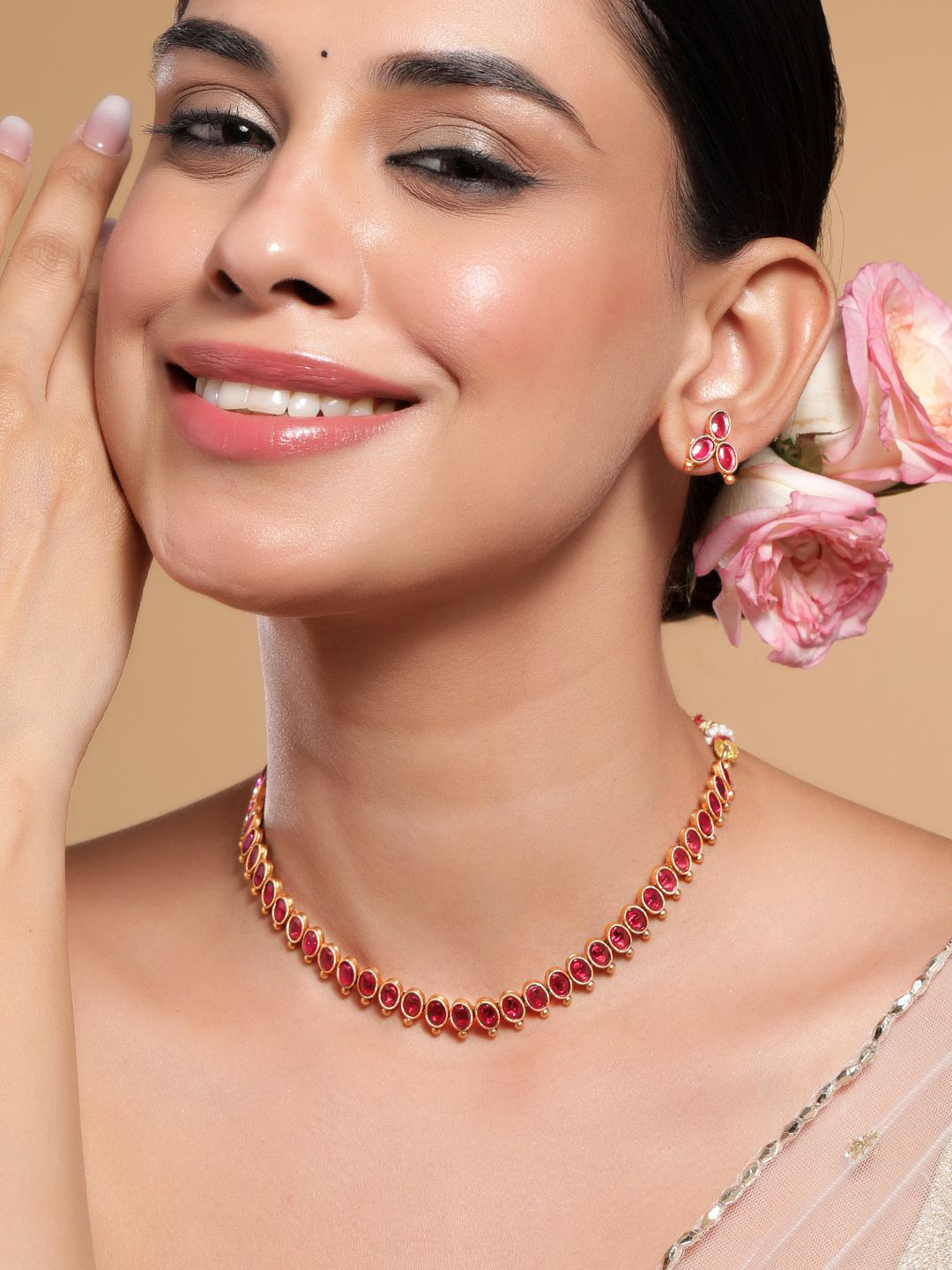 Rubans 18K Gold-Plated Ruby Pink Studded Traditional Necklace Set