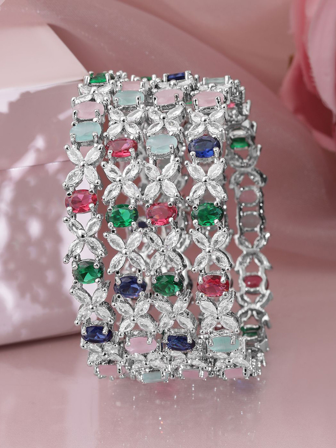 Rubans Set of 4 Rhodium-Plated Multicolor AD & CubicZirconia Studded Floral Design Bangles