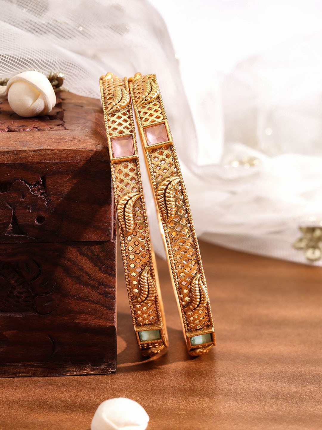 Rubans Set of 2 18K Gold-Plated Pastel Pink & Mint Green Stone Studded Traditional Bangles